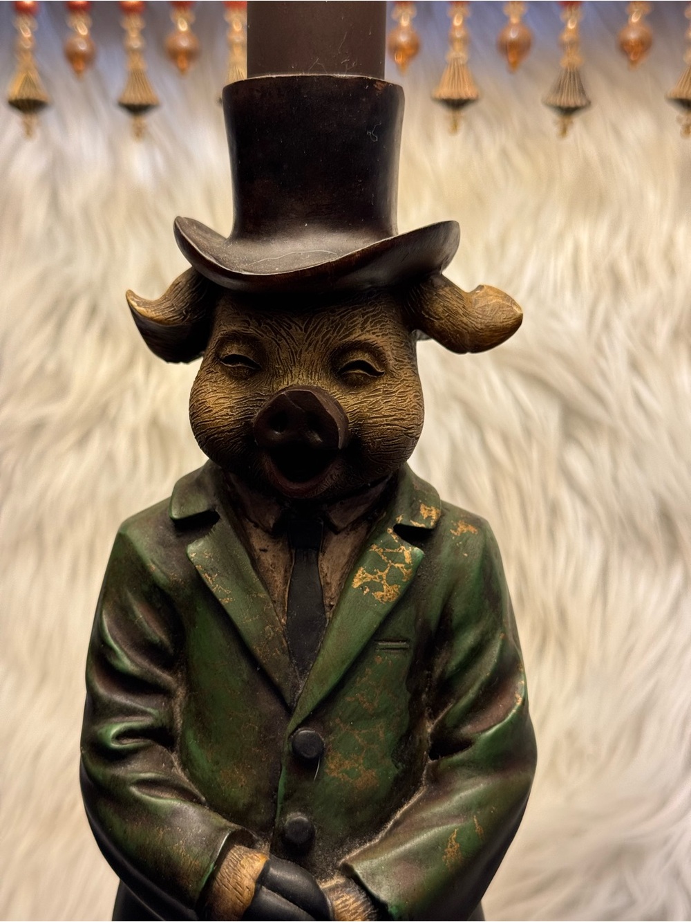 Whimsical Gentleman Pig Butler Table Lamp with Original Beaded Shade — Tested an